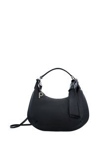 Sac à main en cuir noir avec une silhouette arrondie, doté d'une poignée courte, d'une sangle amovible et d'un accent en métal argenté.