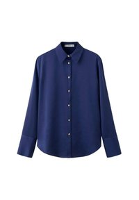 Navy long-sleeve shirt with a button-down collar, featuring gold-tone buttons, smooth fabric, and a relaxed fit. Classic design with side slits.