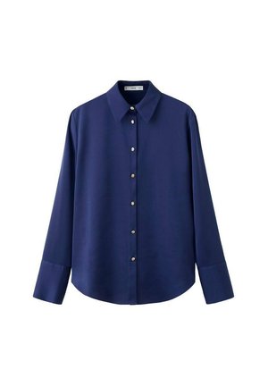 Marineblauw shirt met lange mouwen en een button-down kraag, voorzien van goudkleurige knopen, gladde stof en een losse pasvorm. Klassiek ontwerp met zijsplitten.