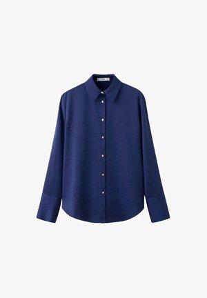 Marineblauw shirt met lange mouwen en een button-down kraag, voorzien van goudkleurige knopen, gladde stof en een losse pasvorm. Klassiek ontwerp met zijsplitten.