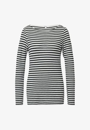 Black and white striped long-sleeve shirt with a boat neckline. Soft fabric, fitted design, even horizontal stripes, and no notable accents.