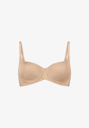 Beige gepolsterter BH aus glattem Stoff, mit Bügelunterstützung, verstellbaren Trägern und nahtlosem Design, geeignet für den täglichen Gebrauch.