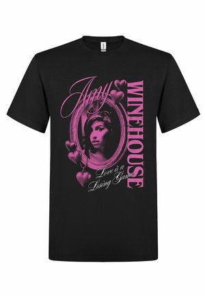 T-shirt noir avec un graphisme rose d'Amy Winehouse dans un cadre décoré de cœurs et le texte "Amy Winehouse" et "Love is a Losing Game."