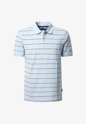 lichtblauwe polo met horizontale marineblauwe strepen, korte mouwen en een dubbele knoopsluiting. Heeft een klein logo op de borst.