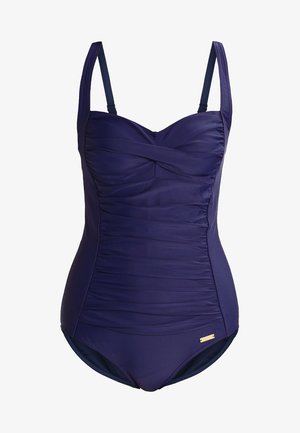 Costume da bagno intero viola con dettaglio arricciato, spalline regolabili e corpino aderente. Presenta una linea classica e un sottile accento del marchio.