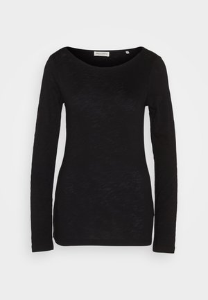 Top nero a maniche lunghe con scollatura ampia, realizzato in un tessuto texturizzato. Presenta maniche aderenti e una silhouette slim.