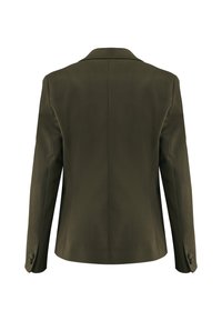 Blazer sagomato verde oliva con colletto a rever, maniche lunghe e dettagli con bottoni, caratterizzato da una superficie liscia e un taglio strutturato.