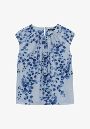 Jasnoniebieska bluzka z ciemnoniebieskim wzorem kwiatowym, miękka tkanina, krótkie rękawy, plisowany krój, zapięcie na plecach w formie dziurki, standardowy fason.