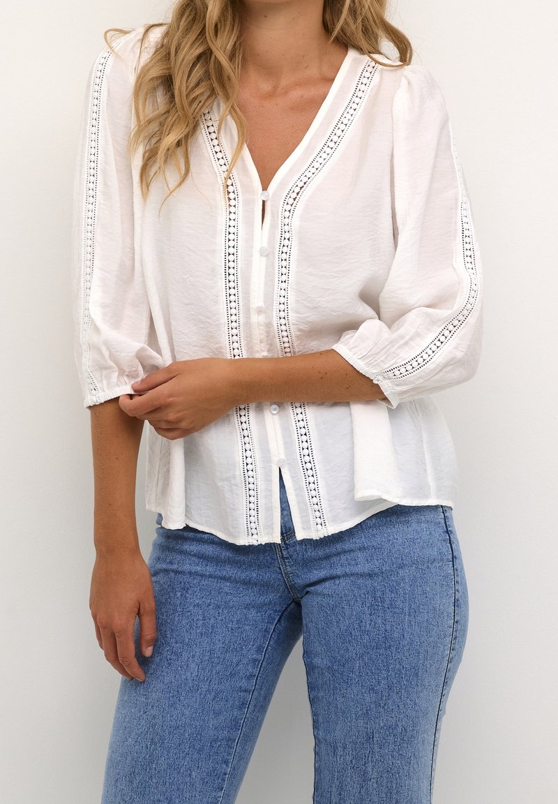 Chemise blanche à manches bouffantes avec bordure en dentelle le long du col et des boutons, tissu texturé, associée à un jean bleu clair.