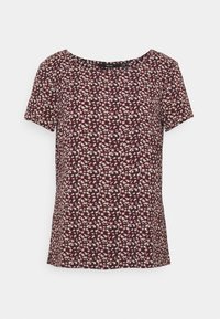 Top de manga corta con estampado floral en color marrón con un patrón de pequeñas flores rosas y verdes. Tejido suave, escote redondo y silueta relajada.