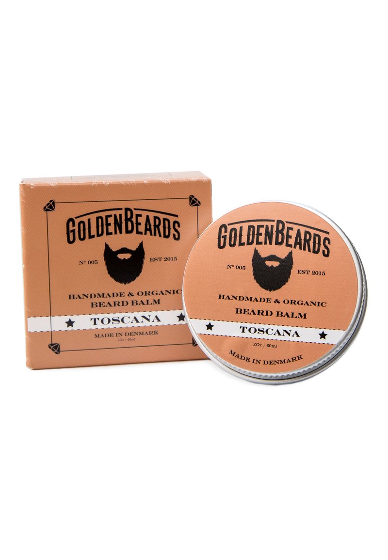 Balsamo per barba in una latta argentata con un'etichetta color pesca. La confezione presenta scritte nere su uno sfondo abbinato. Entrambi sono etichettati "Toscana".