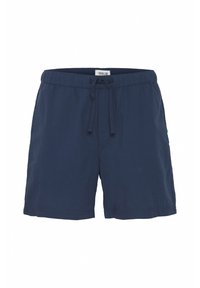 Dunkelblaue Badehose aus strukturiertem Material, mit elastischem Bund, verstellbarem Kordelzug und ohne sichtbare Taschen.