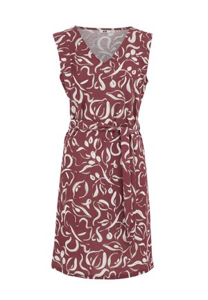 Abito a portafoglio senza maniche fino al ginocchio color bordeaux con stampa floreale astratta bianca e cintura in tessuto coordinato in vita.