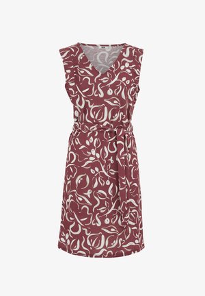 Mouwloze wikkeljurk tot op de knie in bordeauxrood met een witte abstracte bloemenprint en een bijpassende stoffen riem in de taille.