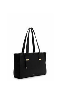 Schwarze rechteckige Lederhandtasche mit zwei langen Tragemulden, goldenen Hardware-Akzenten und einem Reißverschlussverschluss oben.