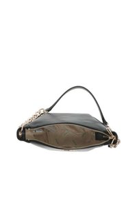 Sac en cuir noir avec une fermeture zippée, des accents en métal doré et une seule poignée. L'intérieur présente un revêtement en tissu clair avec du texte vert.