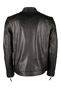 Schwarze Lederjacke mit geripptem Schulterdesign, glatter Textur, Stichdetails und Reißverschlussmanschetten. Die Rückansicht zeigt eine taillierte Passform.