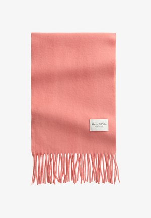 Soft pink wool scarf with fringed ends and a white label reading "Marc O'Polo EST. IN STOCKHOLM" near one edge.