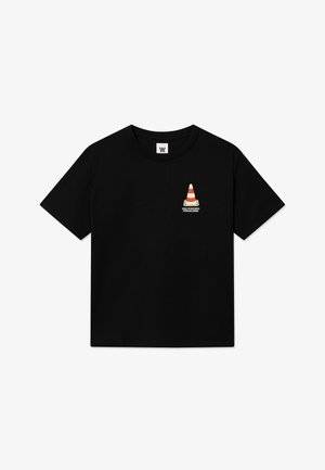 Black cotton t-shirt with short sleeves. Features a printed graphic of a traffic cone with text beneath it on the left chest area.