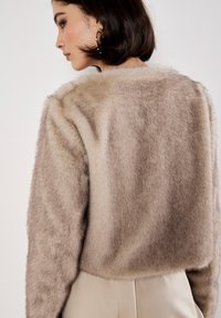 Giacca in finta pelliccia di un morbido beige con un design corto, caratterizzata da una texture soffice e un collo rotondo, abbinata a pantaloni chiari.