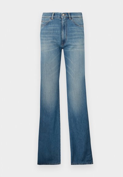 Blå denimjeans med utsvängd benfådd, i en ljus tvättning, med traditionell femficksdesign och knäppning med knapp. Rakt ben silhuett.