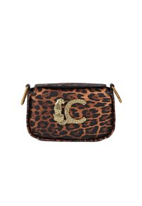 Borsa a tracolla con stampa leopardata e accento in metallo dorato che presenta un design di gatto e la lettera "C". Texture liscia, forma rettangolare, chiusura con zip.