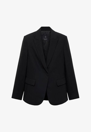 Črn blazer iz gladkega materiala, z ožjimi klapnicami, enojnima gumbom in dvema sprednjima žepoma, z strukturiranim krojem.