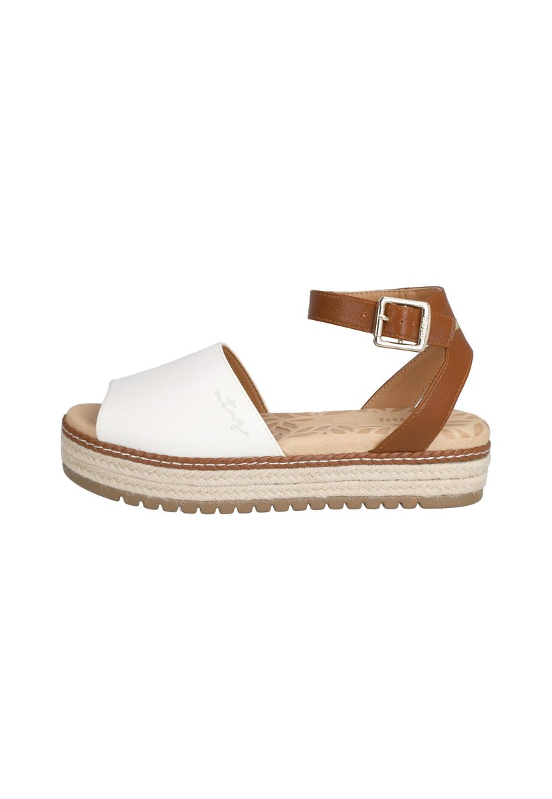 Sandalias de piel blanca con una correa para el tobillo marrón, media suela de yute estilo espadrille y plantilla texturizada con un patrón floral.