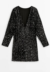 Mini robe noire à manches longues recouverte de sequins noirs brillants avec un décolleté en V profond et un ourlet droit.
