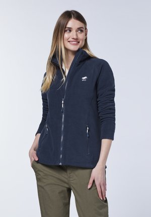 Navy fleece jacket with zippered front, stand-up collar, and two side pockets. Features a logo on the chest and textured fabric.
