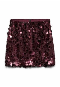 Burgundská flitrová mini sukně s elastickým pasem, zdobená hustě vrstveným designem lesklých, odrážejících kulatých flitrů.