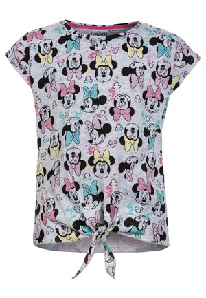 Szara dziewczęca bluzka z krótkim rękawem, ozdobiona kolorowymi twarzami Minnieg Mouse i kokardkami na całej powierzchni, z węzłem z przodu.