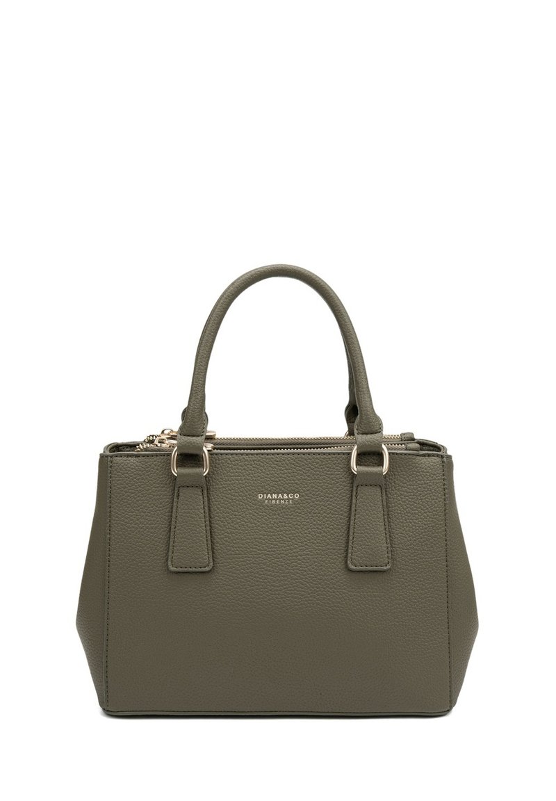 Borsa a mano in pelle verde a ciottoli con doppio manico superiore, hardware dorato, chiusura con zip e un piccolo dettaglio del logo sulla parte frontale.