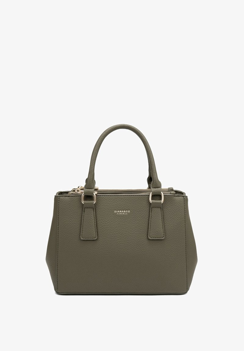 Borsa a mano in pelle verde a ciottoli con doppio manico superiore, hardware dorato, chiusura con zip e un piccolo dettaglio del logo sulla parte frontale.