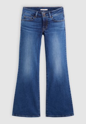 Blue denim flared jeans with a mid-rise waist, featuring five pockets, contrast stitching, and a smooth, slightly faded texture.