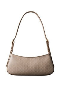 Borsa beige a tracolla con una texture liscia, caratterizzata da un motivo a diamante. Accessori in tonalità oro e una tracolla regolabile completano il design.