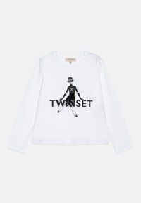T-shirt a maniche lunghe bianco con una grafica nera di una figura in abito e cappello, con il testo "TWINSET" sotto il design. Materiale in cotone.