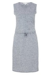 Robe grise sans manches en tissu doux et texturé, avec un col rond et un cordon ajustable à la taille pour un meilleur ajustement.