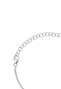 Silverfärgad metallkedja med cirkulära länkar och lobsterklämma. Har en jämn yta och en konsekvent glänsande finish. Minimal design.