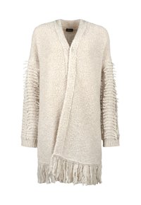 Cremfarbener Strickcardigan mit offenem Vorderteil, strukturierten Schlaufenärmeln und Fransenverzierung am Saum.
