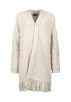 Cremfarbener Strickcardigan mit offenem Vorderteil, strukturierten Schlaufenärmeln und Fransenverzierung am Saum.