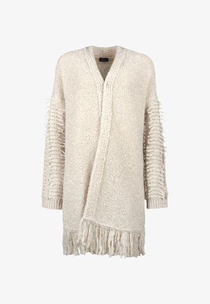 Cream-colored knitted cardigan with open front, textured looped sleeves, and fringe detailing at hem.