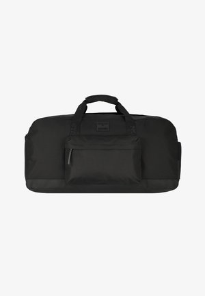 Sac de sport noir avec doubles poignées, poche zippée à l'avant, surface texturée, forme rectangulaire et base renforcée pour plus de durabilité.