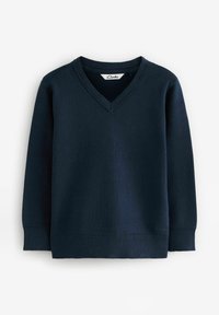 Marineblauer V-Ausschnitt-Pullover aus Strickstoff mit langen Ärmeln und gerippten Bündchen; verfügt über ein Etikett mit dem "Clarks"-Markenlogo.