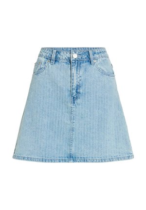 Jupe trapèze en denim bleu clair avec boutons à l'avant, fermeture éclair, passants pour ceinture et poches avant.