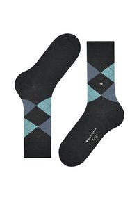Calzini neri con un motivo argyle che presenta diamanti turchesi e blu scuro, accentuati da contorni rossi e un logo Burlington argentato.