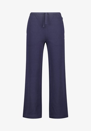 Pantalones de chándal azul marino con un diseño de pierna ancha, cintura elástica y cordón. Elaborados con una tela suave y texturizada con costura lateral.