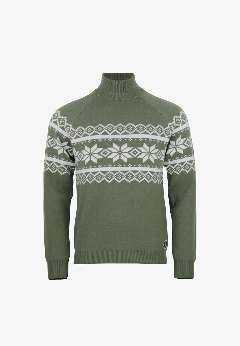 Pull vert en tricot avec un col montant, orné d'un motif géométrique blanc sur la poitrine et des manches longues. Poignets et ourlet côtelés.