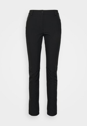 Črne, raztegljive, vodoodporne hlače slim fit. Imajo dva žepa z zadrgo na straneh in ojačane kolenske dele. Gladka tekstura.