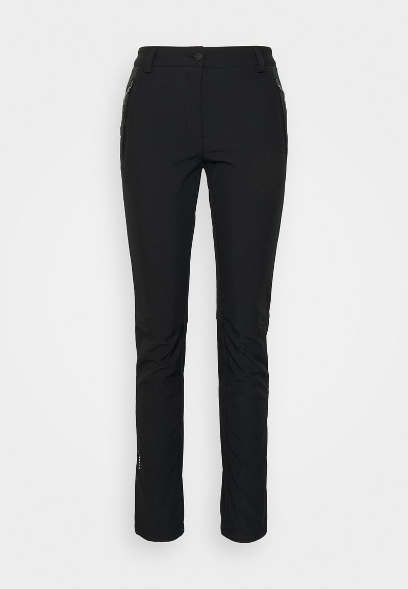 Zwarte, rekbare, waterdichte broek met een slim fit. Bevat twee ritszakken aan de zijkant en versterkte knien. Glad textuur.